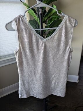 Ann Taylor Metallic Lace-Trim Sleeveless Shell in Silver